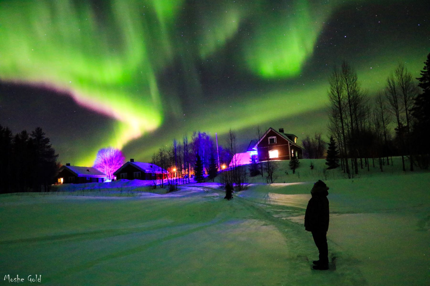 Northern lights standing on a frozen lake - Lapland